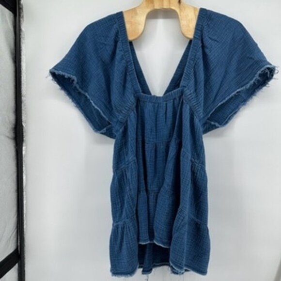 Aerie Womens XL Blue Mini Dress Gauze V Neck Short Sleeve Tiered Frayed Hem - Picture 5 of 6